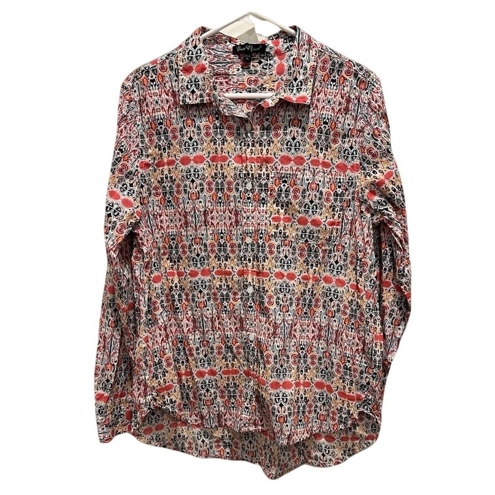 Velvet Heart Womens XL Cotton Button Down Shirt Tribal Ikat Multicolor Boho
